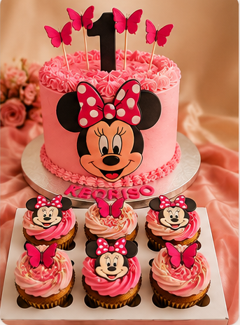 Minnie Mouse birthday cake and cupcakes by Bake Now